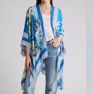 Vince Camuto NEW Tropical Blooms Blue and White Floral Border Kimono Kaftan OS
